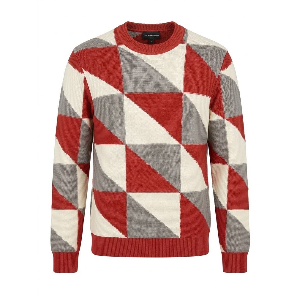 Emporio Armani Mens Red Grey Geometric Colorblock Cotton Sweater 3R1MXG L